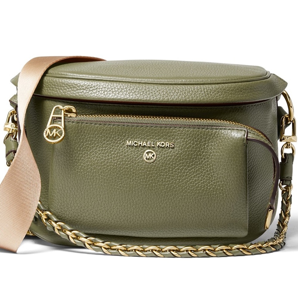 Michael Kors Slater medium pebbled leather sling pack in an olive